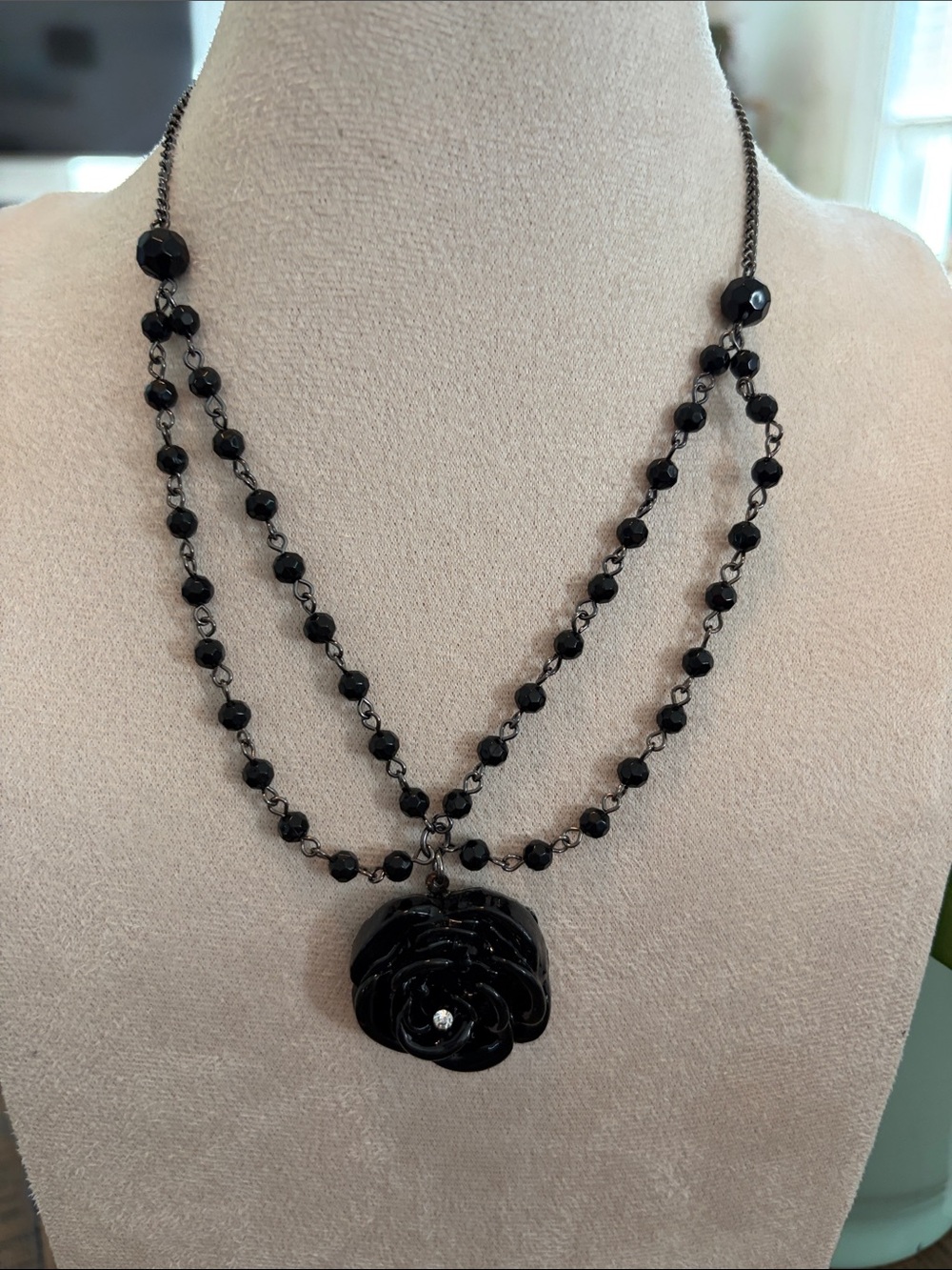 Cookie Lee Black Double-Strand Beaded Necklace with Carved Rose Pendant